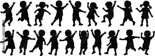 Happy children silhouettes collection, playful kids jumping dancing poses, childhood joy concept, isolated black figures illustration on white background