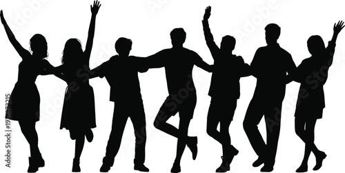 Happy friends silhouettes celebrating together, group of young people raising hands unity concept, isolated black illustration on white background