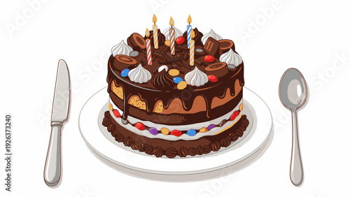 A chocolate cake with colorful sprinkles and lit candles on a white plate with a knife and spoon on a plain white background.