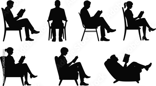People reading book silhouettes collection isolated set, seated men women readers, education leisure activity shadow figures illustration bundle concept
