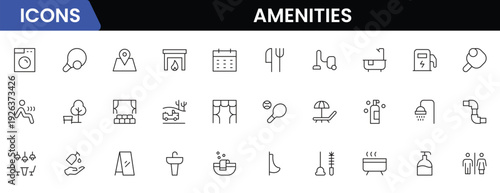 Convenient vector web line icons depicting amenities, facilities, services, pools, gyms, parking, and modern lifestyle conveniences.