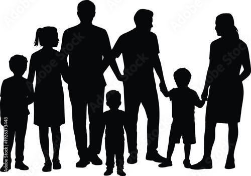 Large family silhouettes standing together, parents and children unity concept, generational support illustration isolated black figures on white background