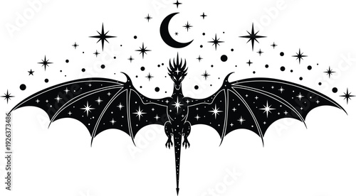 Powerful black dragon silhouette alongside a small child with wings representing fantasy adventure courage imagination and epic mythical creatures on white