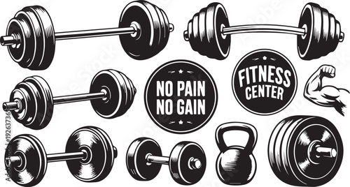 Gym equipment silhouette. Fitness sport, heavy weight barbell and vintage bodybuilding stencil. Wellness equipment, fit exercise or yoga training iron lift sign. Isolated vector illustration icons set