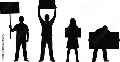 Protest people silhouettes holding blank signs, demonstration activism concept, social movement illustration isolated black figures on white background