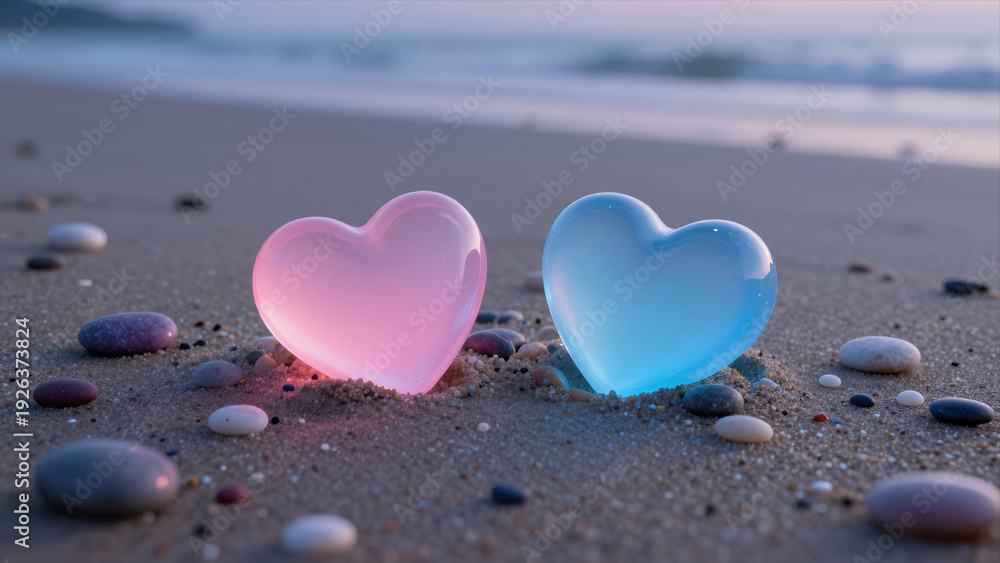Fototapeta premium Pink And Blue Glass Hearts On Sandy Beach With Pebbles And Ocean Waves In The Background