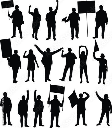 Protest people silhouettes, demonstration crowd, activists holding banners, political rally, social movement, raised fists, protest signs, isolated black figures
