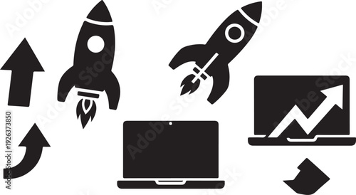 Business growth and success concept with rocket and laptop