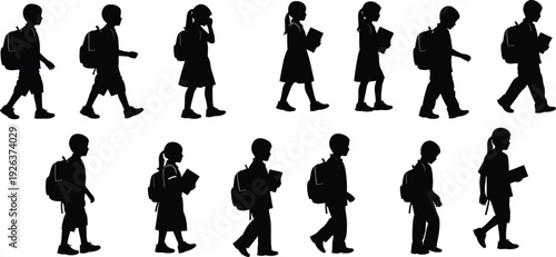School children silhouettes walking with backpacks and books, boys and girls education routine, black vector illustration isolated white background