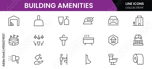 Convenient vector web line icons depicting amenities, facilities, services, pools, gyms, parking, and modern lifestyle conveniences.