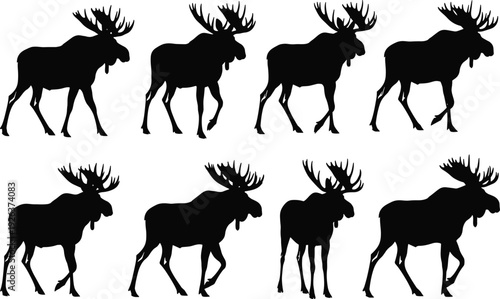 Collection of eight moose silhouette vector illustrations featuring diverse antler shapes and standing poses for wildlife design, education, and artwork