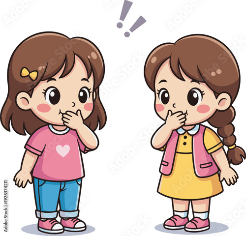 Cute little girls whispering secret, surprised children cartoon vector illustration isolated on white background
