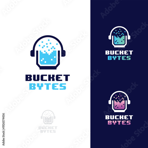 Bucket Bytes Logo Design with Headphones and Digital Elements.