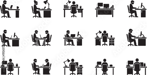 Silhouette icons of people working at office desks daily