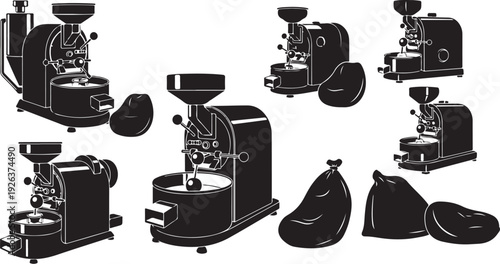 Coffee Grinders and Beans in Black and White Illustrations