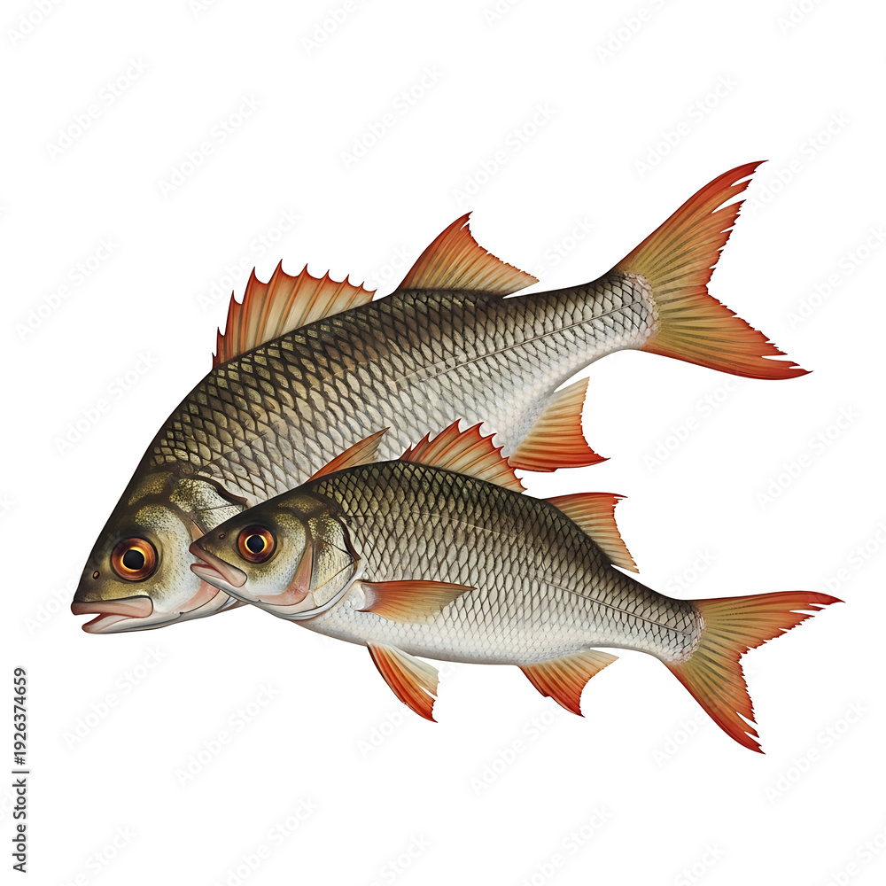 Fototapeta premium Two silver fish with orange fins swimming together on transparent background