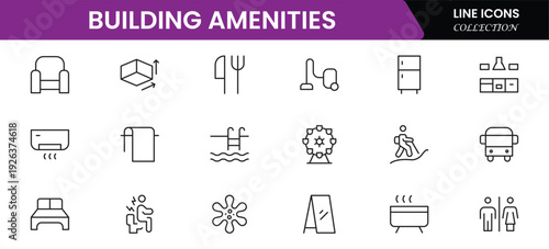 Convenient vector web line icons depicting amenities, facilities, services, pools, gyms, parking, and modern lifestyle conveniences.