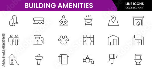 Convenient vector web line icons depicting amenities, facilities, services, pools, gyms, parking, and modern lifestyle conveniences.