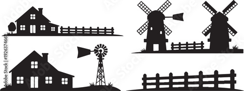 Rural landscape silhouettes with windmills and fences icons set