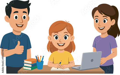 Happy family supporting child studying at desk, homeschooling education cartoon vector illustration isolated on white