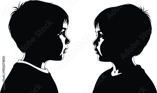 Black and white side profile silhouettes of two young boys facing each other with detailed hair and facial features on white