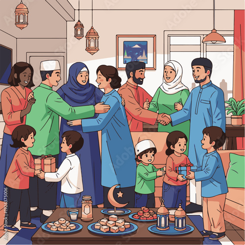 Diverse family and friends gathering together.