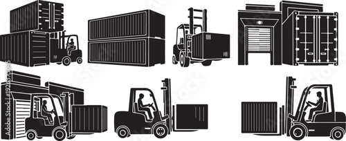 Forklifts and shipping containers in industrial setting illustrations