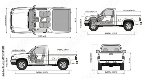 Pickup Truck Technical Drawing Diagram.