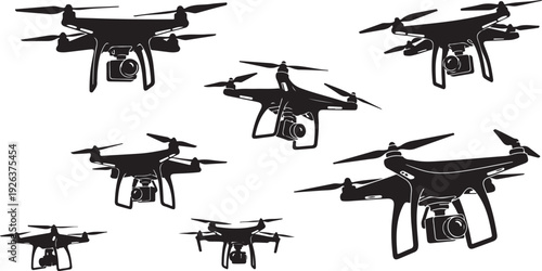 Multiple Black Drone Silhouettes Flying in Formation Together