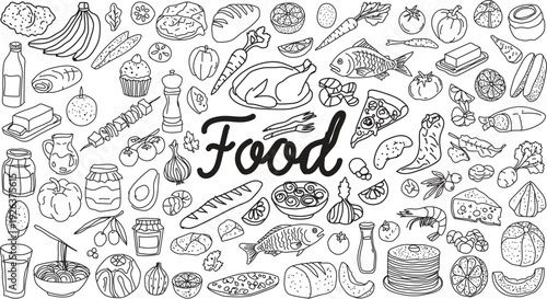 A variety of food items illustrated in a decorative pattern