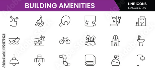 Convenient vector web line icons depicting amenities, facilities, services, pools, gyms, parking, and modern lifestyle conveniences.