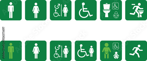 Set of green square restroom icons including male female disabled access baby changing room and emergency exit signs on white background