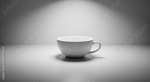 Minimalist white ceramic cup on smooth surface in spotlight studio setting with soft shadows, isolated object, monochrome drinkware photography