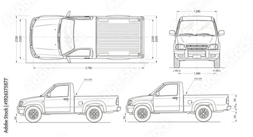 Pickup Truck Technical Drawing Blueprint.