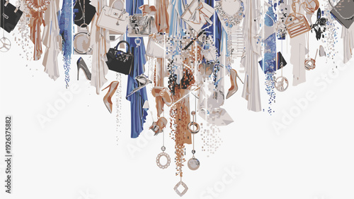 Flat lay of assorted jewelry and accessories hanging from a display with a mix of metallic and beaded items in shades of gold, silver, and blue against a clean white background.