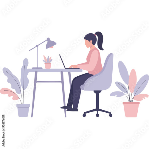 A person working on a laptop surrounded by plants in a bright and cozy workspace. Vector