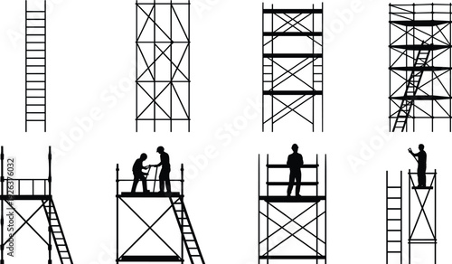 Silhouette construction workers on scaffolding towers with ladders teamwork safety hard work building site industrial scaffold assembly project 