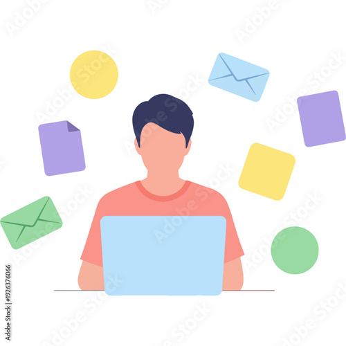 Person using a laptop surrounded by various digital communication and task icons. Vector