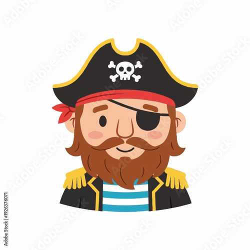 Captain pirate wearing a formal black tricorn hat with a skull emblem and a striped shirt stands proudly with a thick beard.