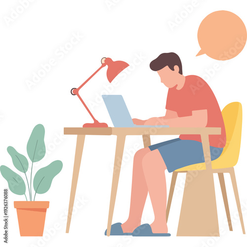 Person working remotely with a laptop in a cozy home office setup Vector