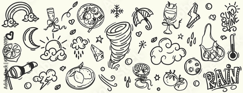 Hand drawn weather and nature doodle set with sun, rain, cloud, rainbow, wind, umbrella, and seasonal elements. Black and white sketch illustration for education, kids design, planners, and creative g