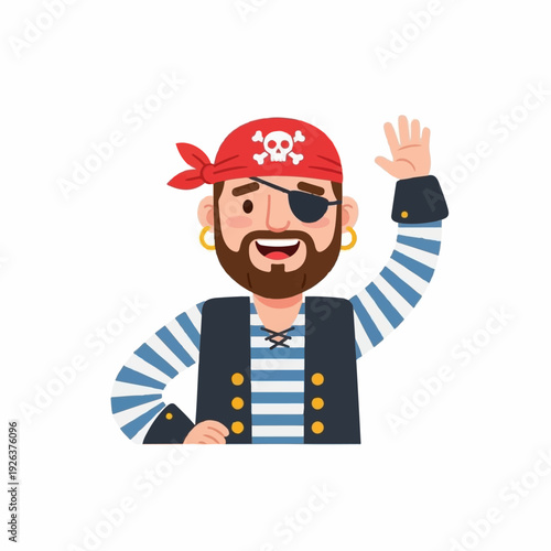 Bearded pirate man wearing a red bandana and eye patch happily waves his hand while dressed in a striped shirt.
