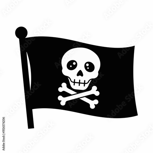 Classic black pirate flag featuring a stark white skull and crossbones design waving gently on a flagpole against a plain backdrop.