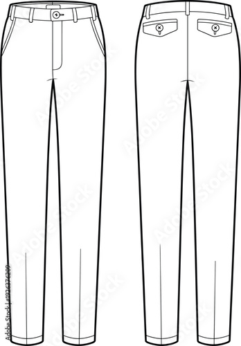 Flat vector CAD illustration of slim women’s trousers with buttoned flap back pockets, belt loops, front fly, clean line drawing