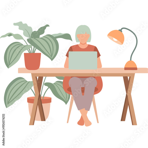 A person working on a laptop in a cozy indoor setting with plants and a lamp. Vector