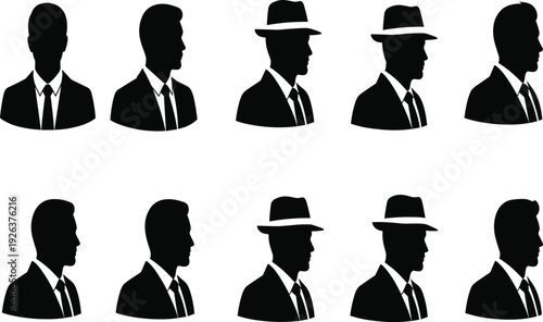 Collection of stylish male silhouette icons in suits and ties, featuring fedoras and classic hairstyles for professional design themes"