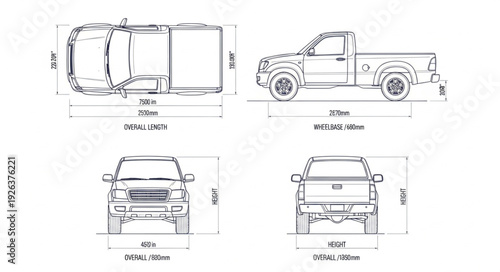 Pickup Truck Technical Drawing Blueprint.