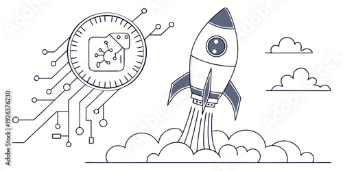 A futuristic rocket launching from a digital circuit cloud base into the sky