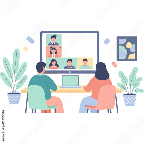 Two professionals collaborating on a video conference call with plants in the background Vector