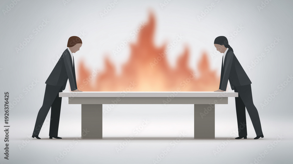 Fototapeta premium Balancing Act: Two professional individuals struggle to maintain stability amidst fiery intensity, illustrating resilience and facing challenges. 